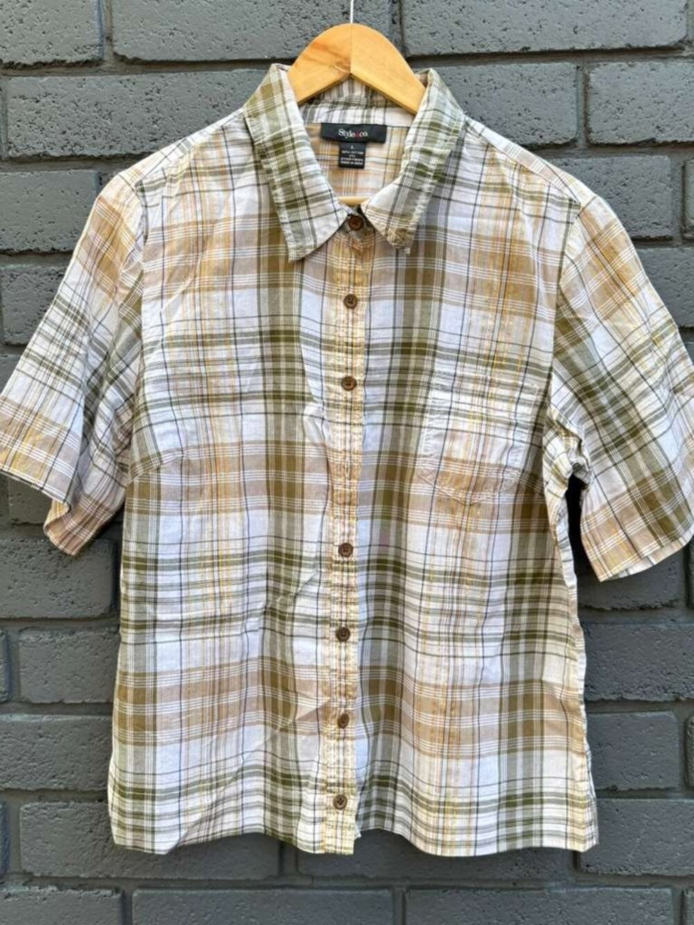 Style &Co Madras Gold Lurex Plaid Button Up Camp Shirt Blouse Outdoors Casual L